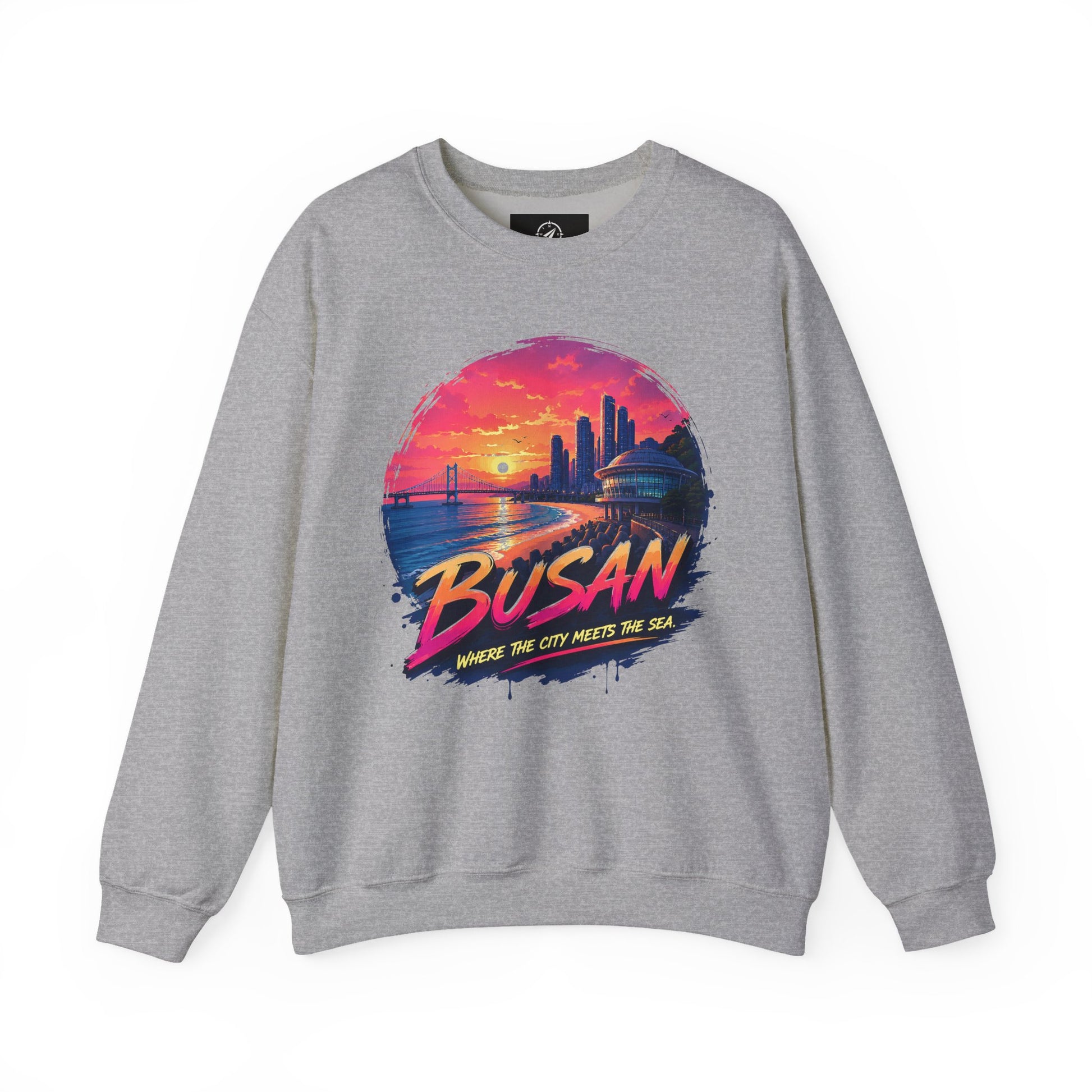 Light gray crewneck sweatshirt with long sleeves and front cityscape graphic.