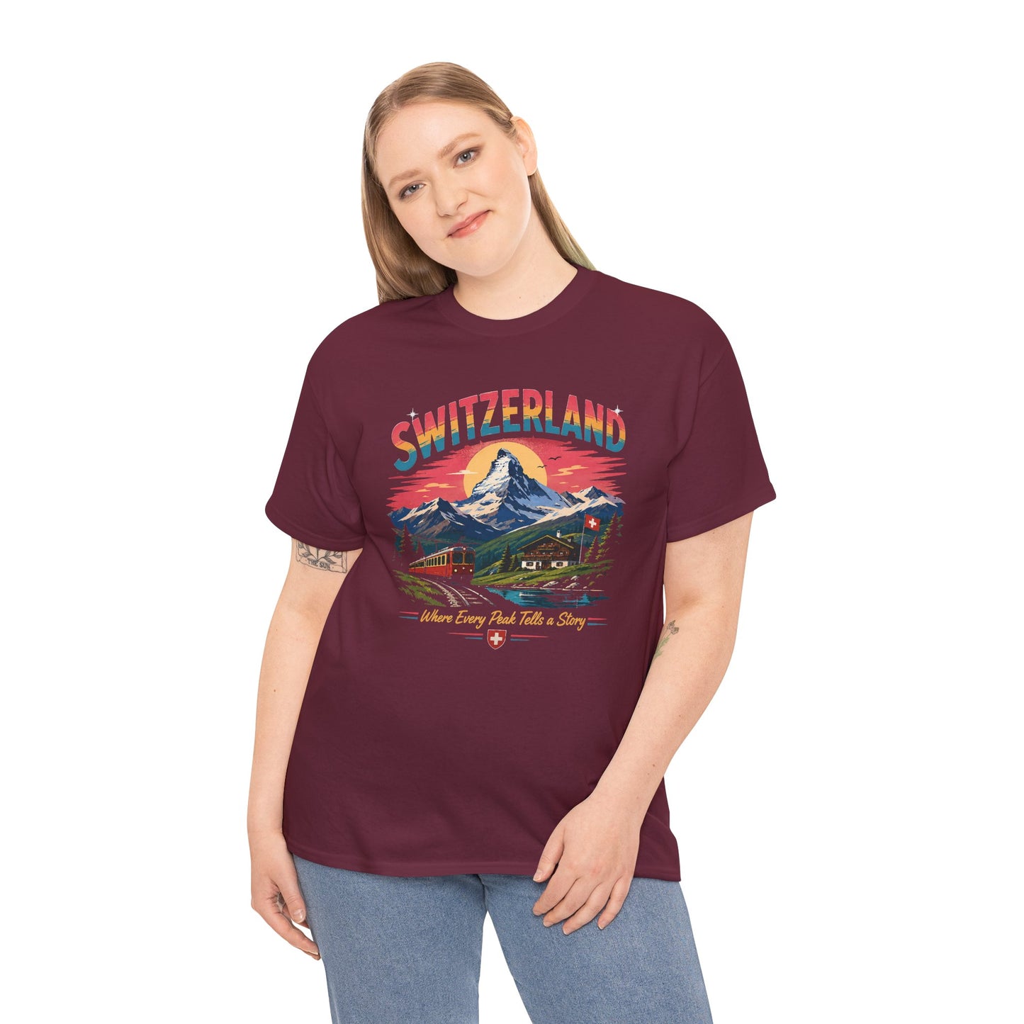 Maroon Switzerland mountain graphic vintage t-shirt on model, front view