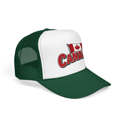 Canada flag trucker hat with dark green mesh and brim, white front panel, Canada crest logo