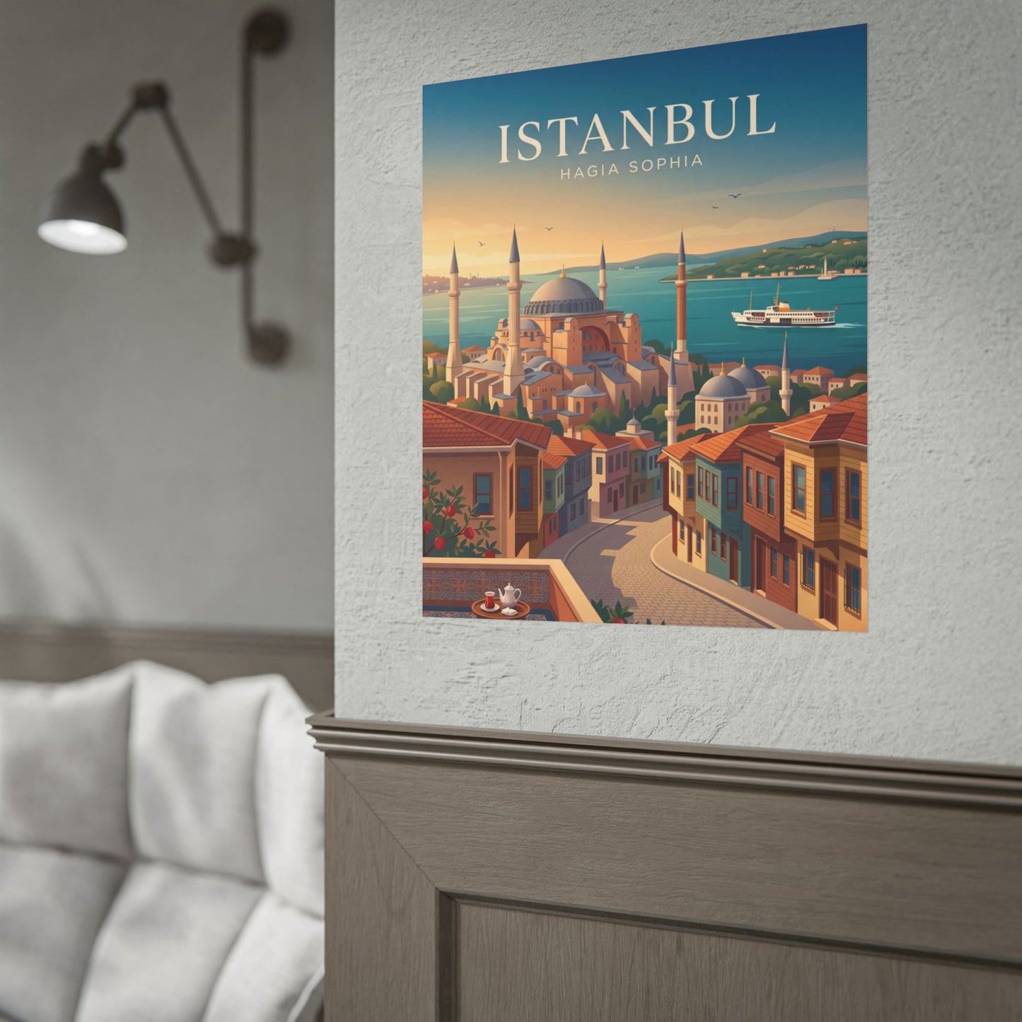 Istanbul Hagia Sophia travel poster mounted on wall above a console