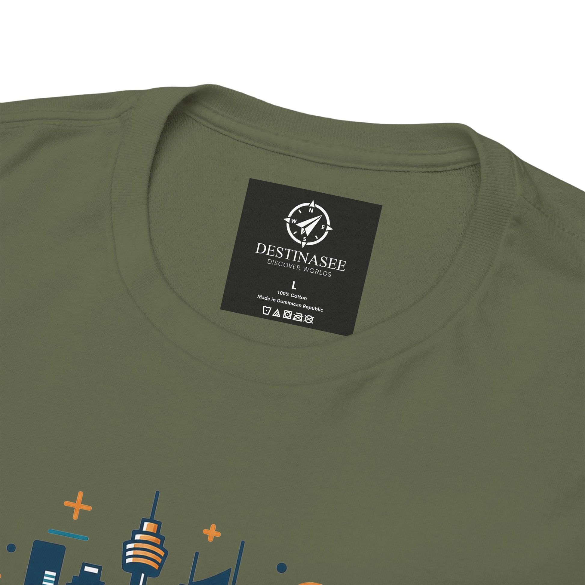 Olive green crew-neck T-shirt with square DESTINASEE label near the collar