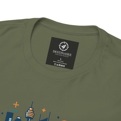 Olive green crew-neck T-shirt with square DESTINASEE label near the collar