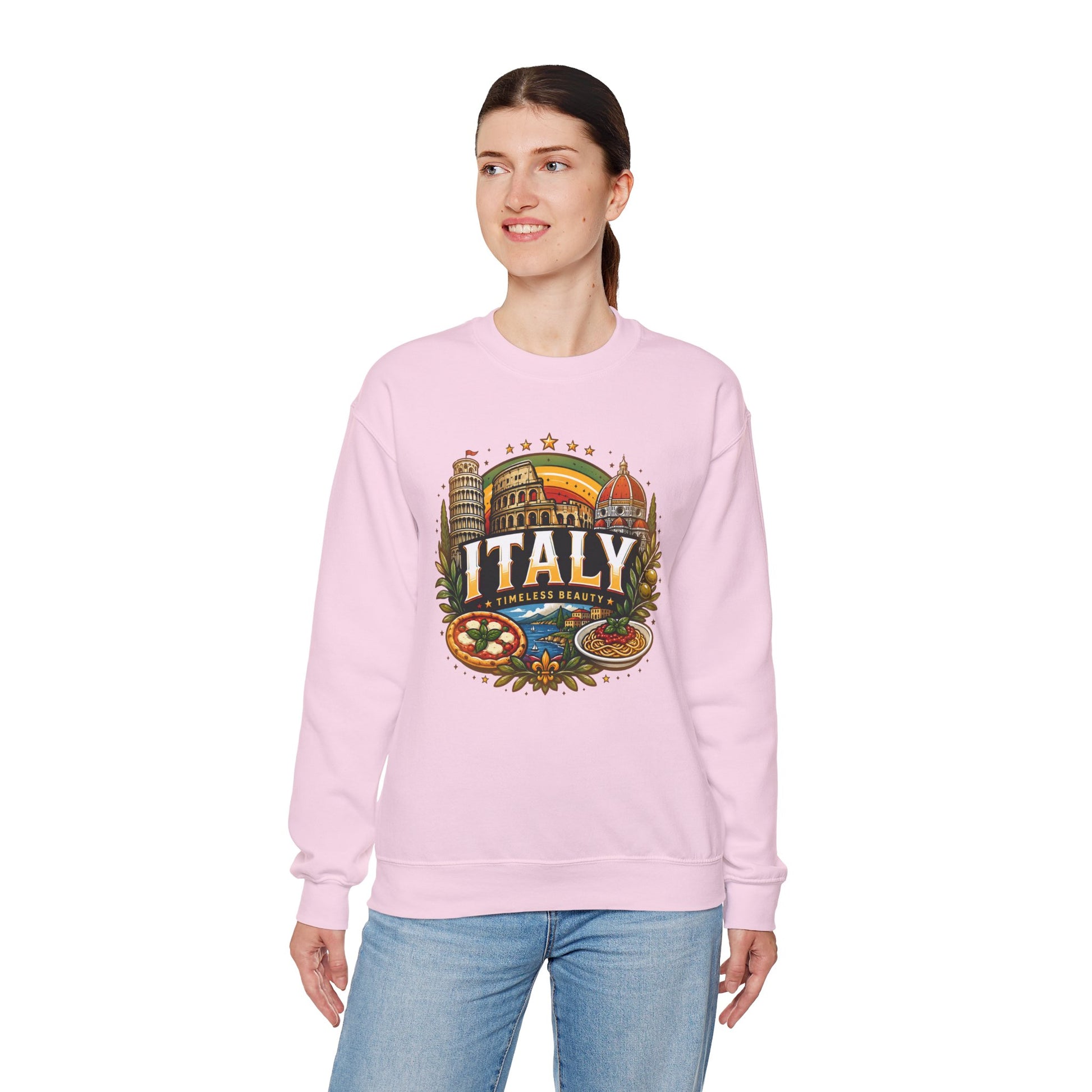 Light pink crewneck sweatshirt with colorful Italy graphic on the front.