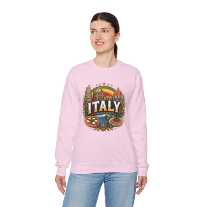 Light pink crewneck sweatshirt with colorful Italy graphic on the front.