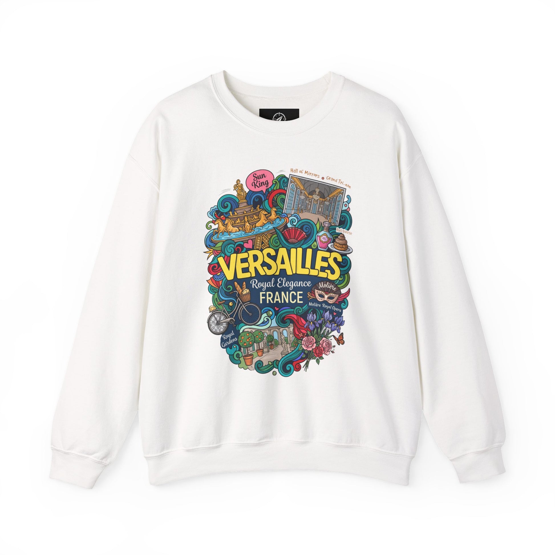 White crewneck sweatshirt with colorful France graphic print on the chest
