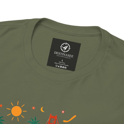 Olive green T-shirt close-up of back neckline with small branded label.