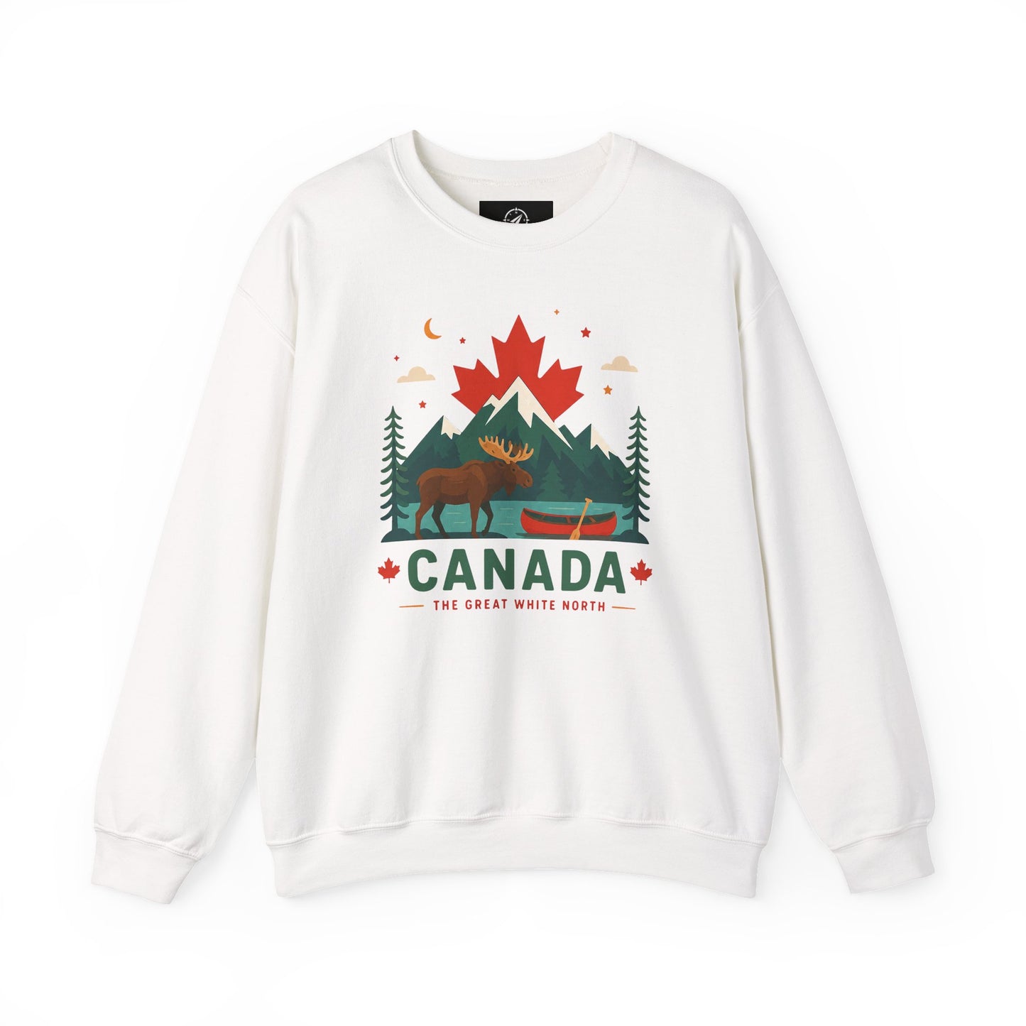 White sweatshirt with chest moose canoe scene and Canada text graphic