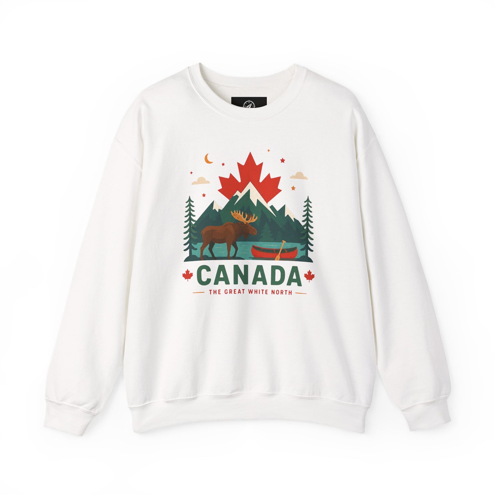 White sweatshirt with chest moose canoe scene and Canada text graphic