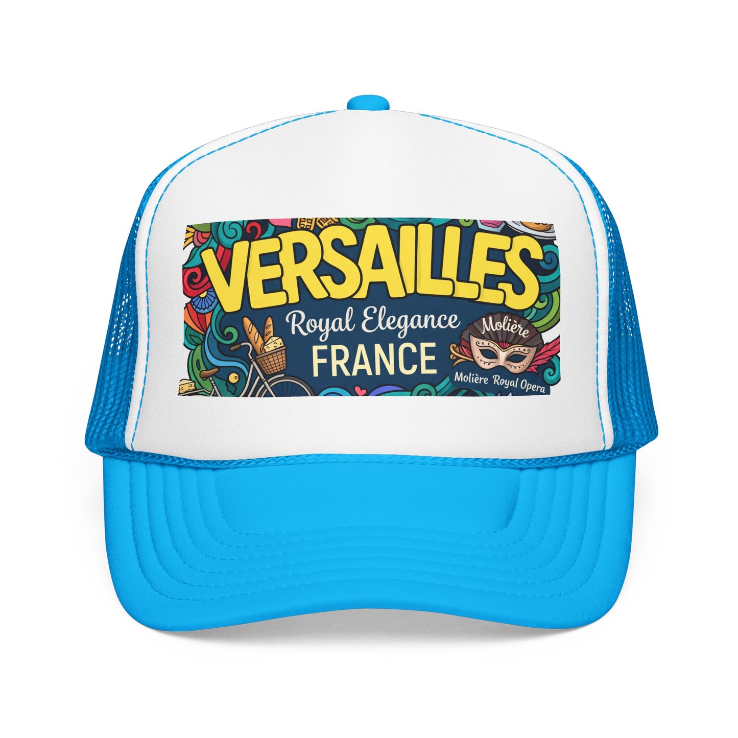 Blue and white trucker hat with mesh side panels and colorful 'Versailles France' front patch