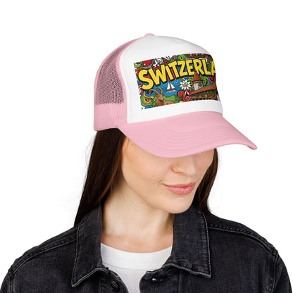Light pink and white trucker hat with colorful Switzerland graphic patch on front panel.