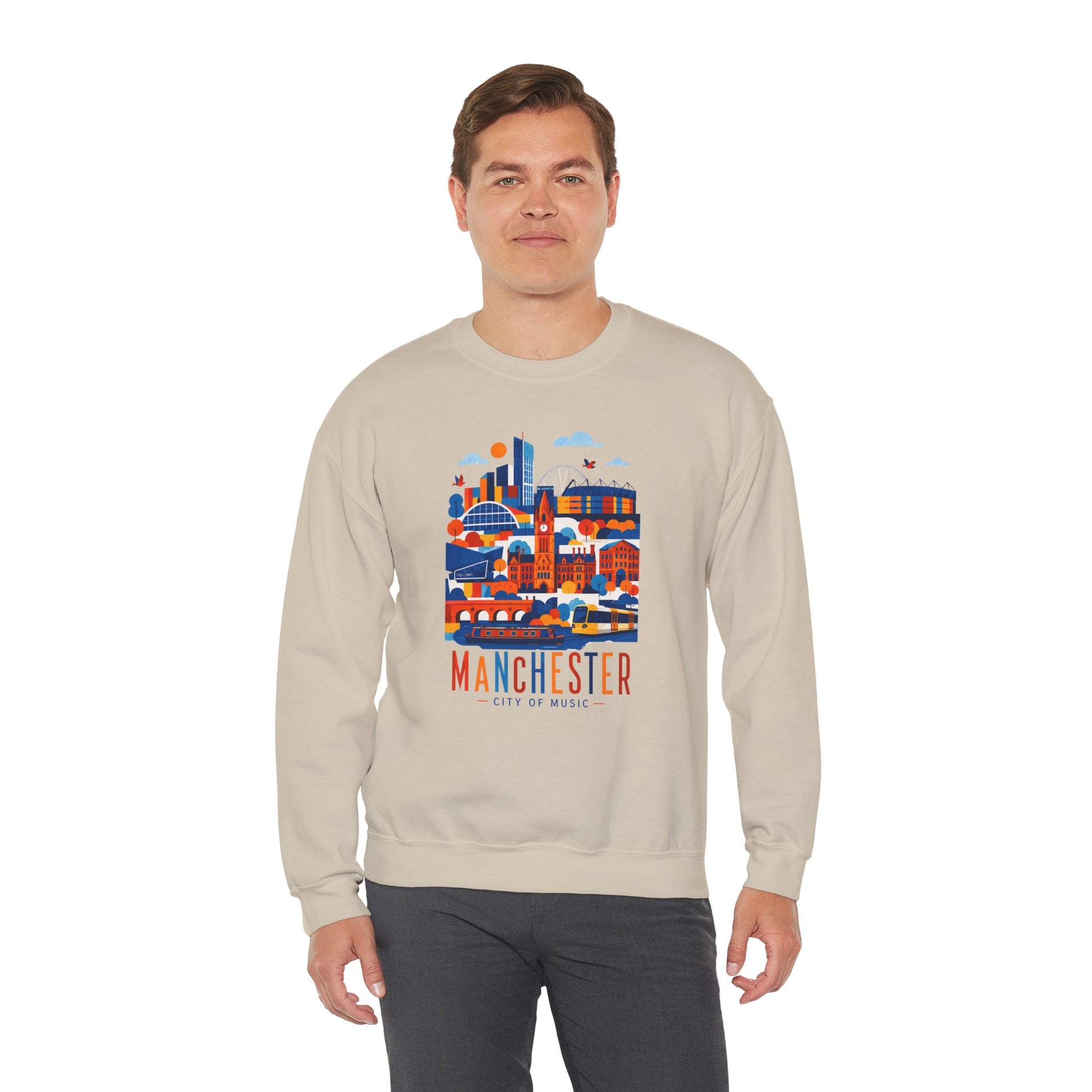 Light sand crewneck sweatshirt with colorful Manchester city graphic on front