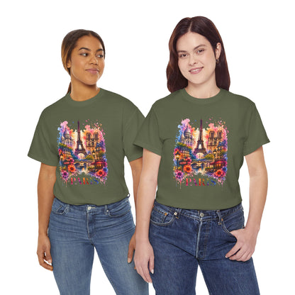 Forest green T-shirt with colorful Eiffel Tower floral graphic