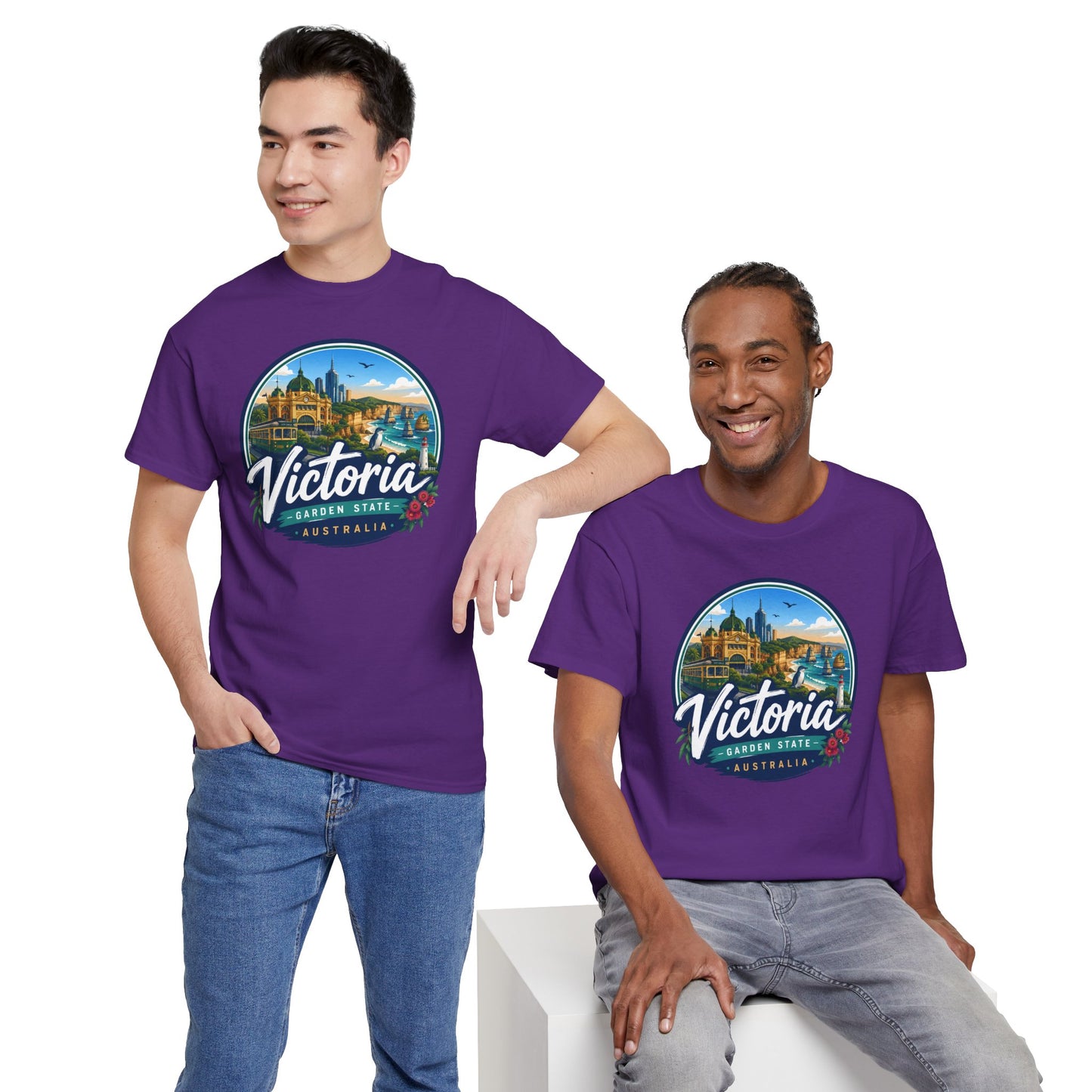 Purple short-sleeve travel tee with circular front graphic, worn by two people