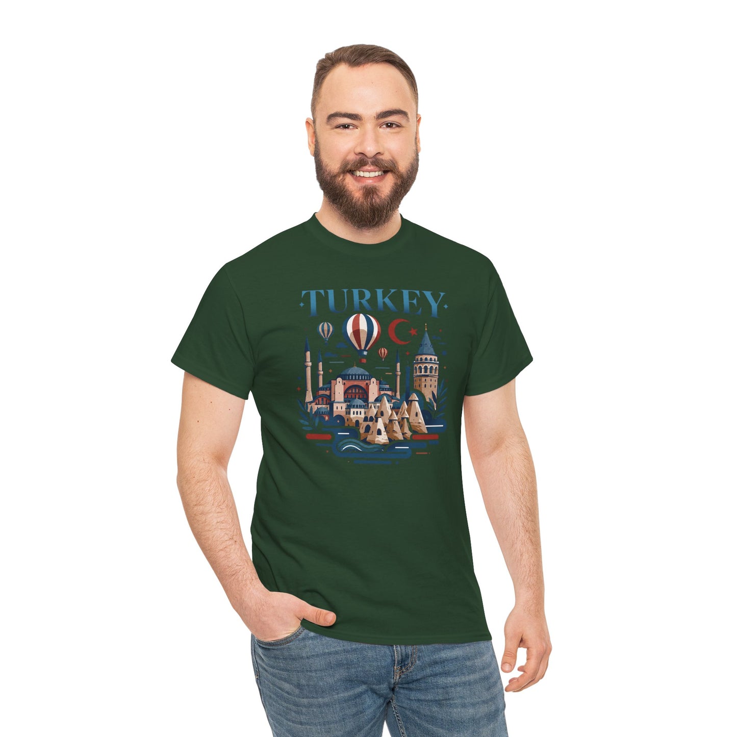 Dark green crewneck T-shirt with hot air balloon and crescent moon front graphic