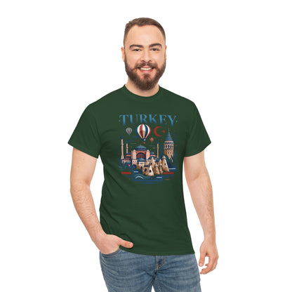 Dark green crewneck T-shirt with hot air balloon and crescent moon front graphic