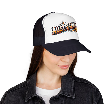 Black and white trucker hat with curved brim, mesh back, featuring Australia logo design.