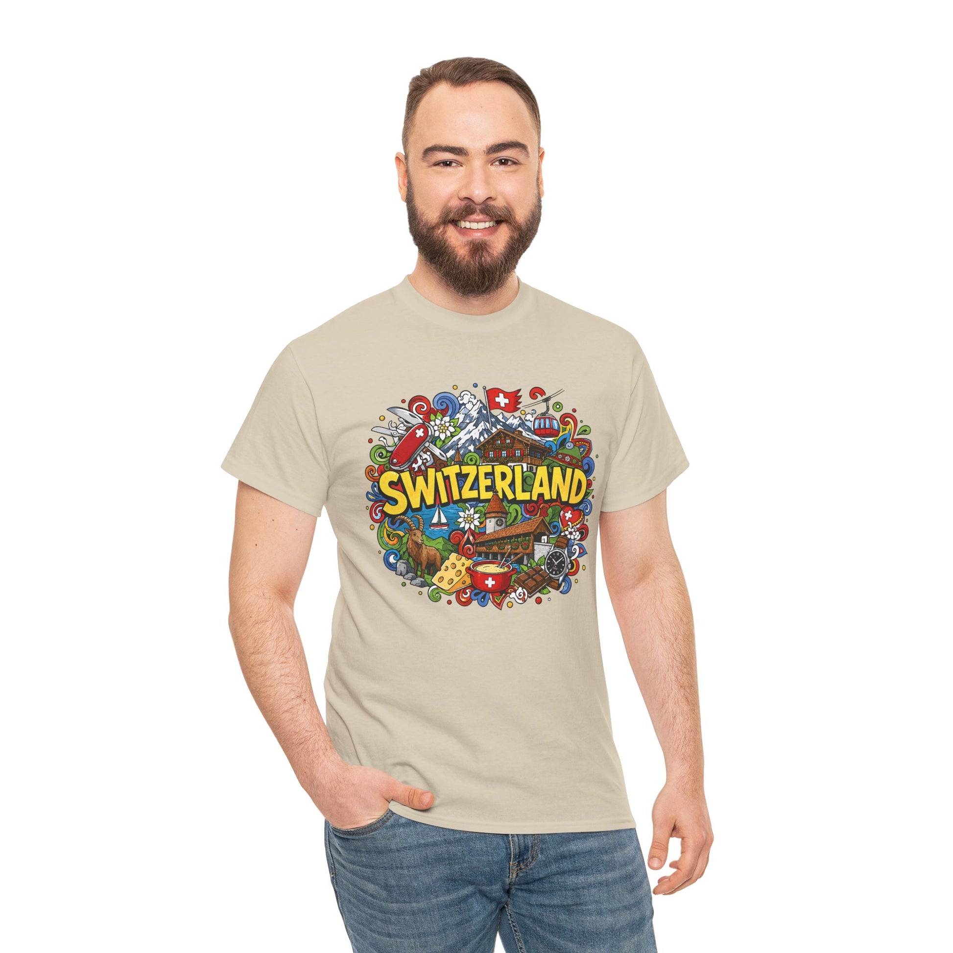 Natural crew-neck T-shirt with colorful Switzerland graphic on front