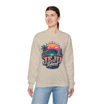 Light sand graphic sweatshirt with colorful TEJU Island South Korea front print