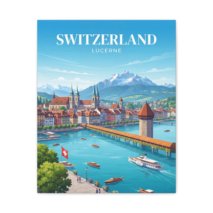 Matte canvas wall art with Switzerland Lucerne title over river bridge, city buildings, boats