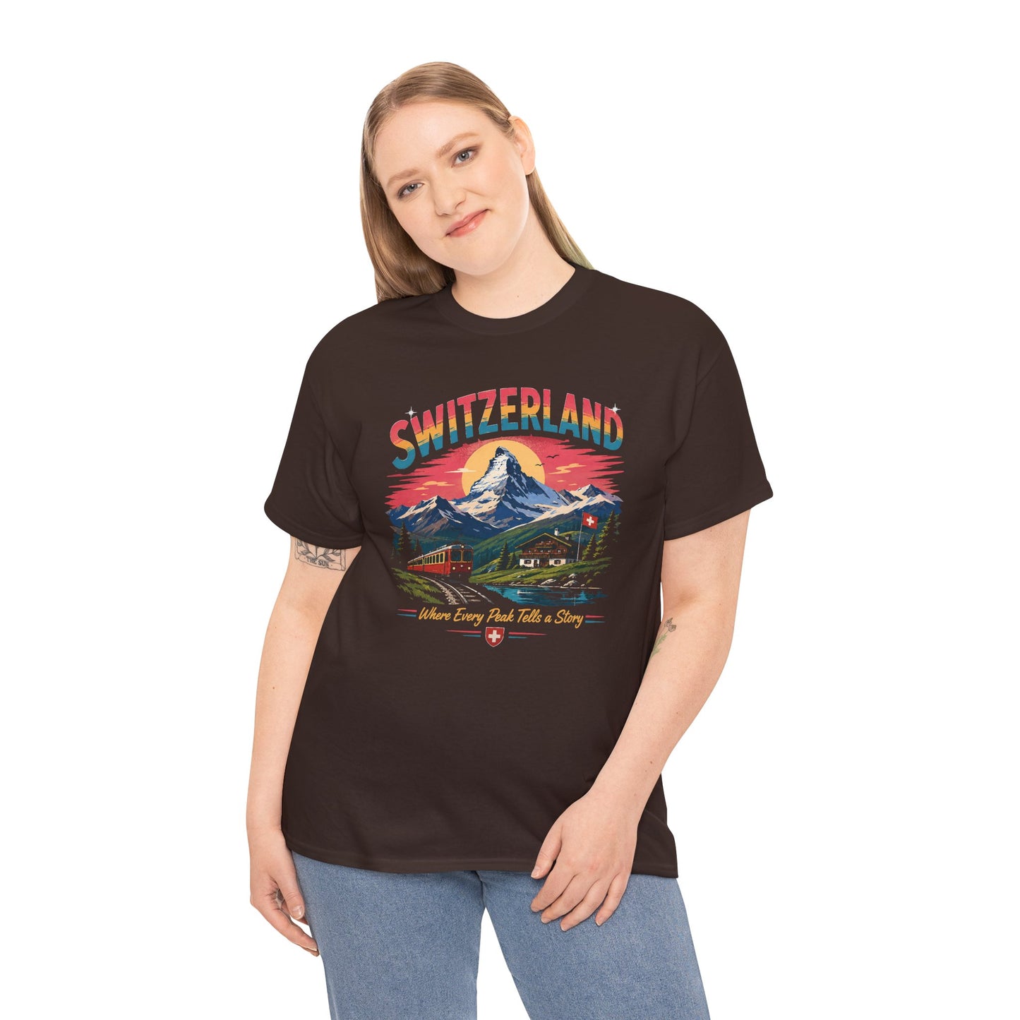 Dark brown Switzerland mountain graphic vintage t-shirt on model, front view