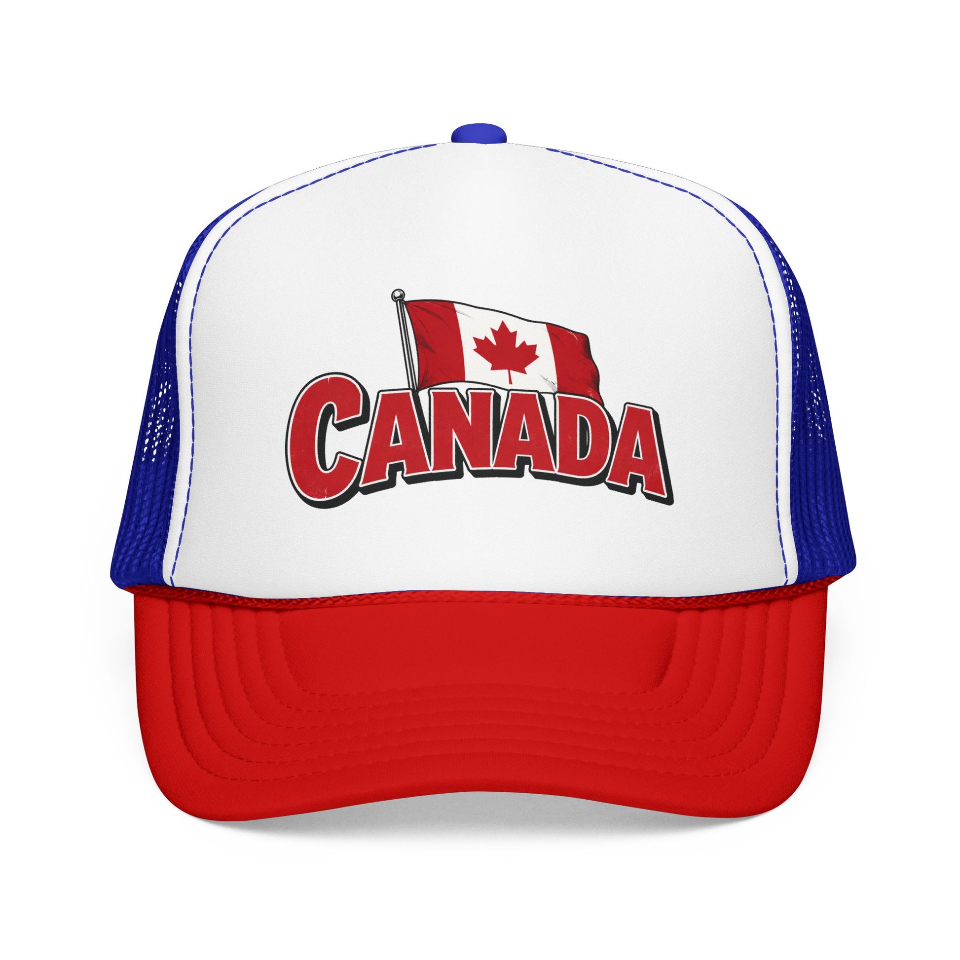 White and red trucker hat with mesh sides and Canada flag “CANADA” front logo