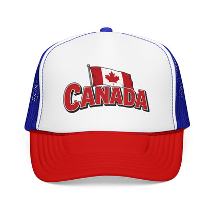White and red trucker hat with mesh sides and Canada flag “CANADA” front logo