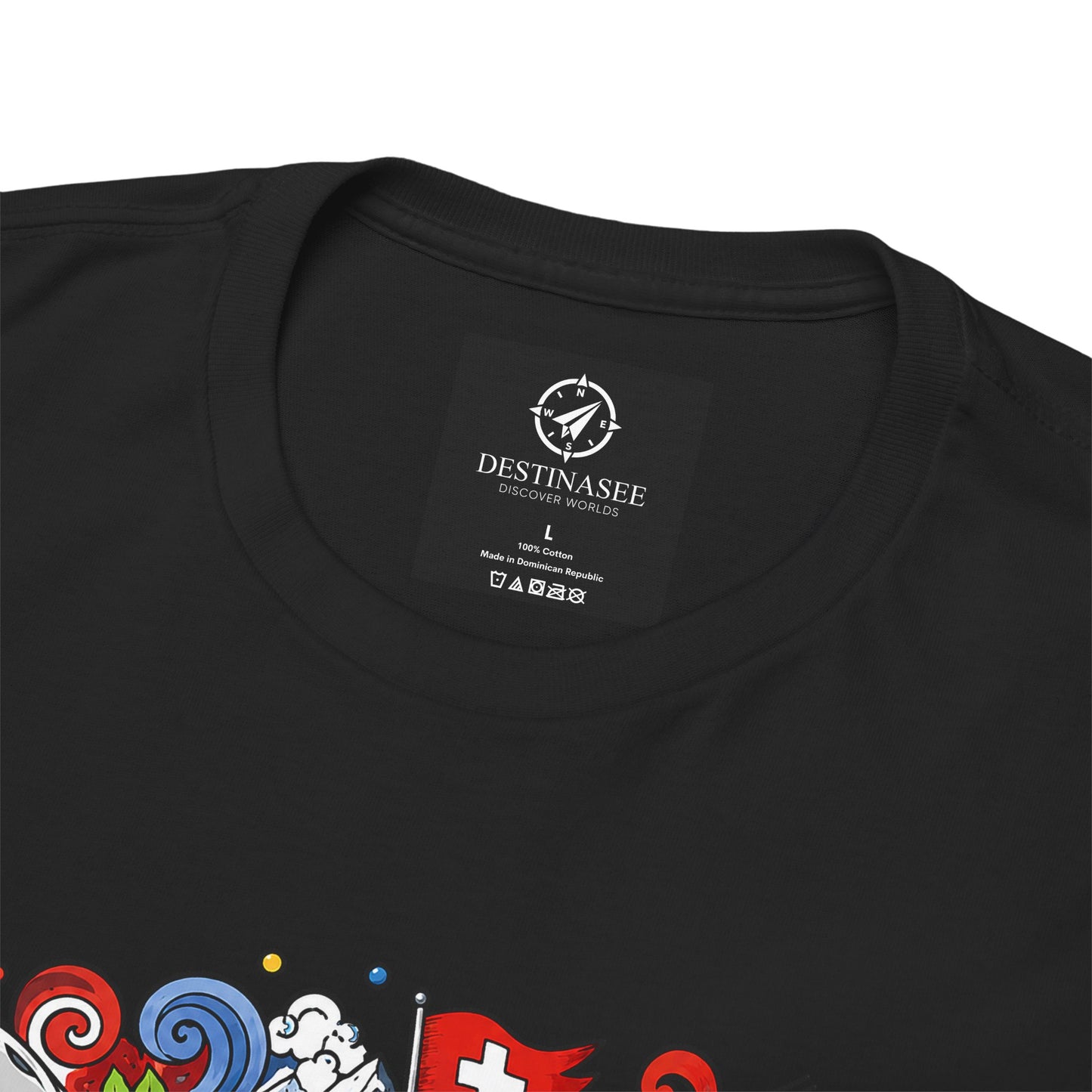 Black crew-neck T-shirt with small white chest logo label