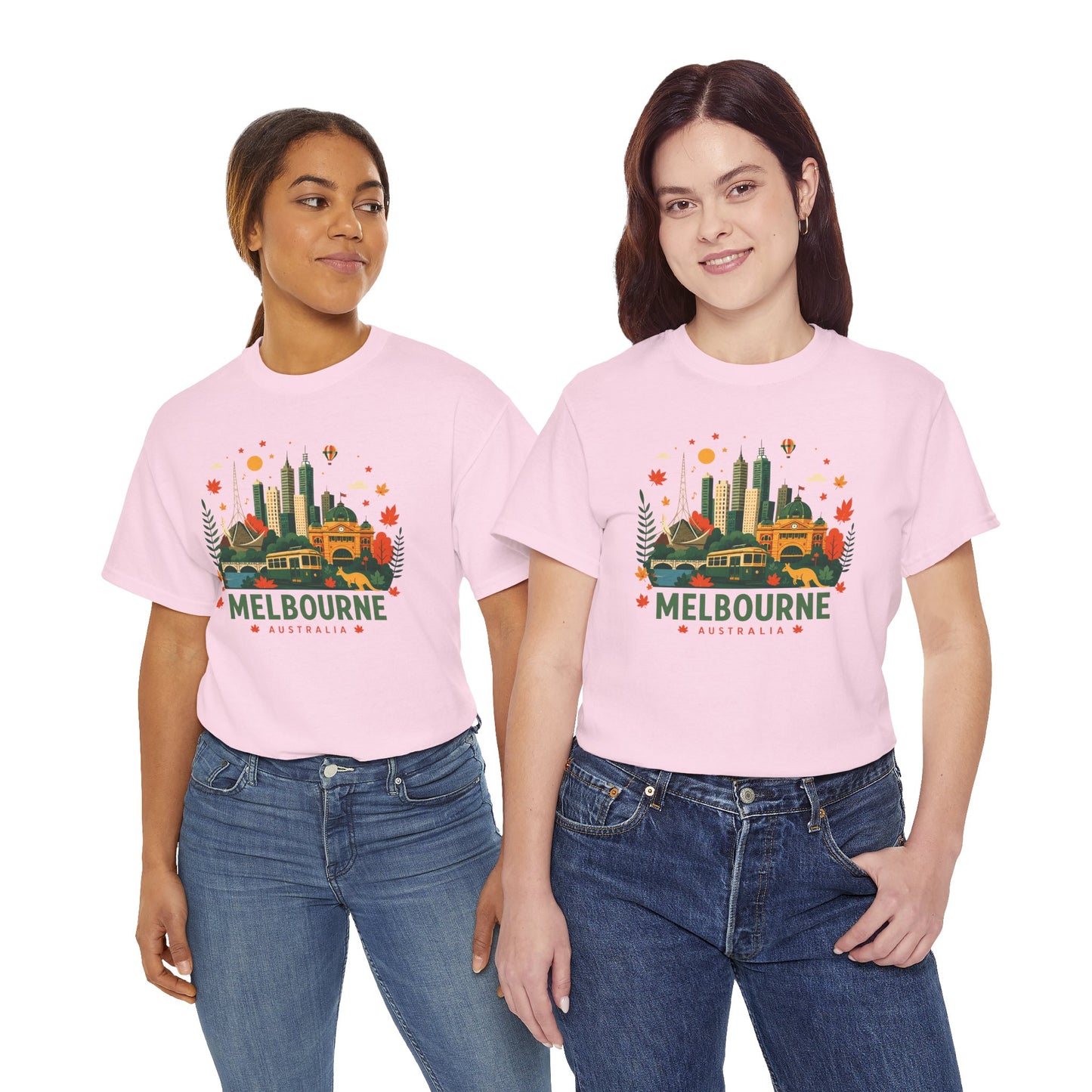 Light pink T-shirt with Melbourne skyline graphic and decorative seasonal icons on front.