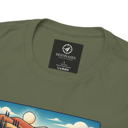 Olive green crewneck T-shirt with black brand neck label and partial “DESTINASEE” graphic