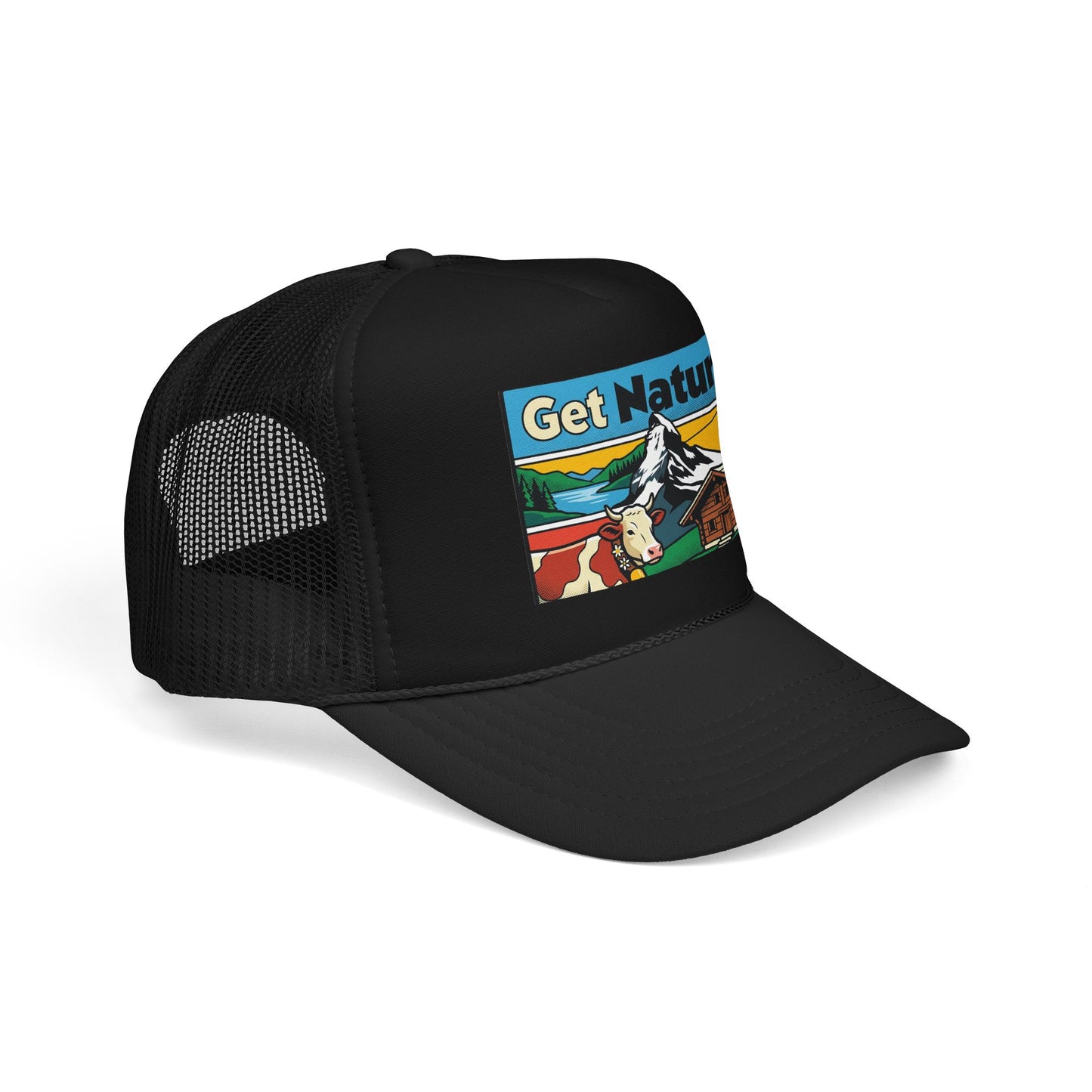 Black trucker hat with mesh back and Get Natural logo patch