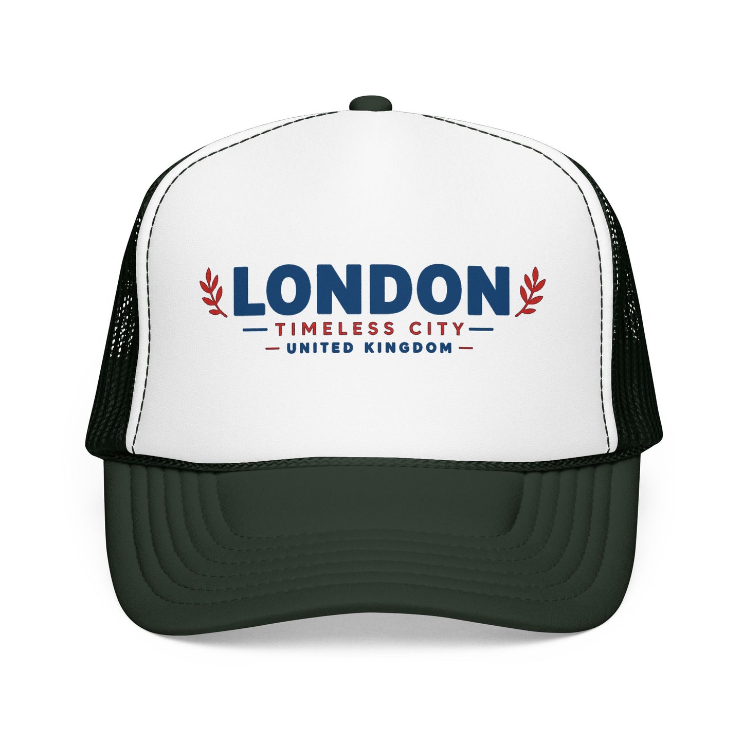 Two-tone foam trucker hat with London logo, white crown and dark green mesh sides, green bill.