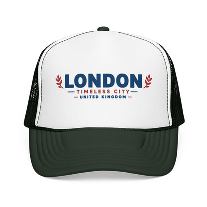 Two-tone foam trucker hat with London logo, white crown and dark green mesh sides, green bill.