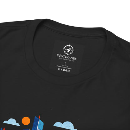 Manchester Skyline T-shirt, black crew neck with neck label and partial skyline print
