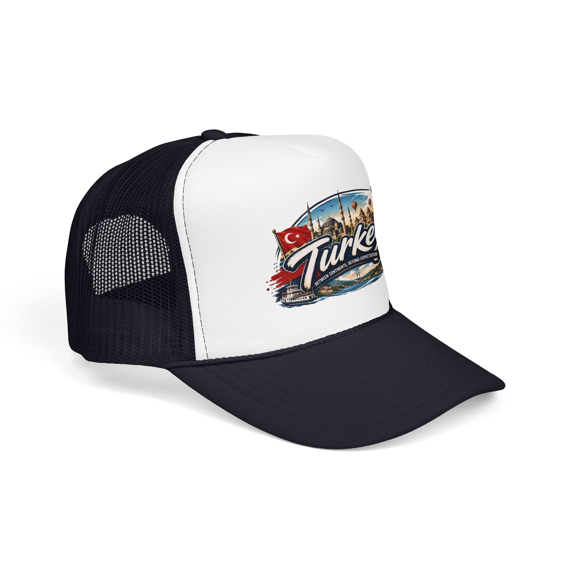 Black and white trucker hat with mesh back, curved brim, and front Turkey graphic