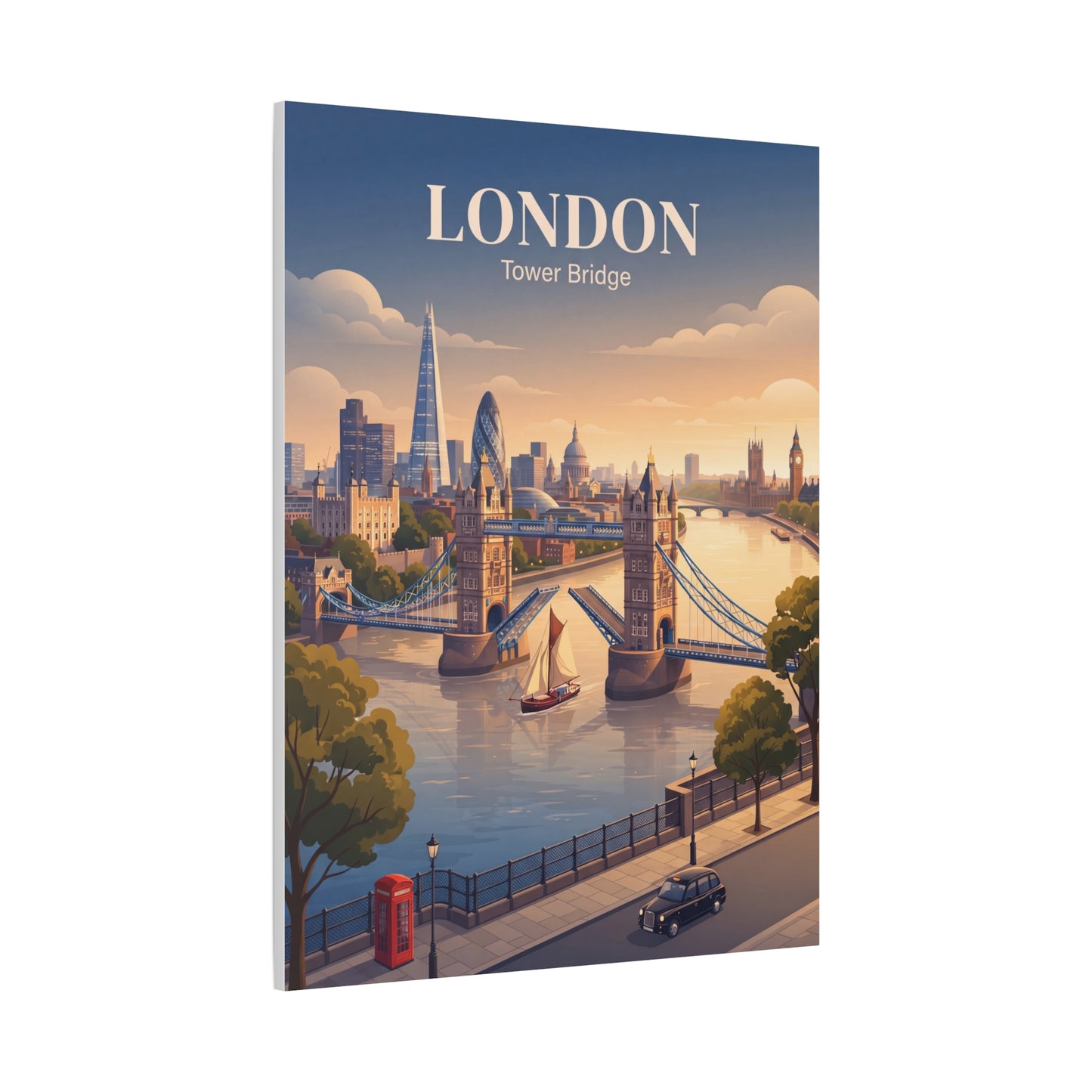 Matte canvas wall art of London Tower Bridge skyline with “LONDON” and “Tower Bridge” text