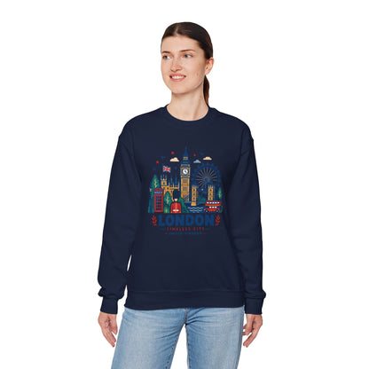 Navy crewneck sweatshirt with colorful London skyline graphic and “London” logo