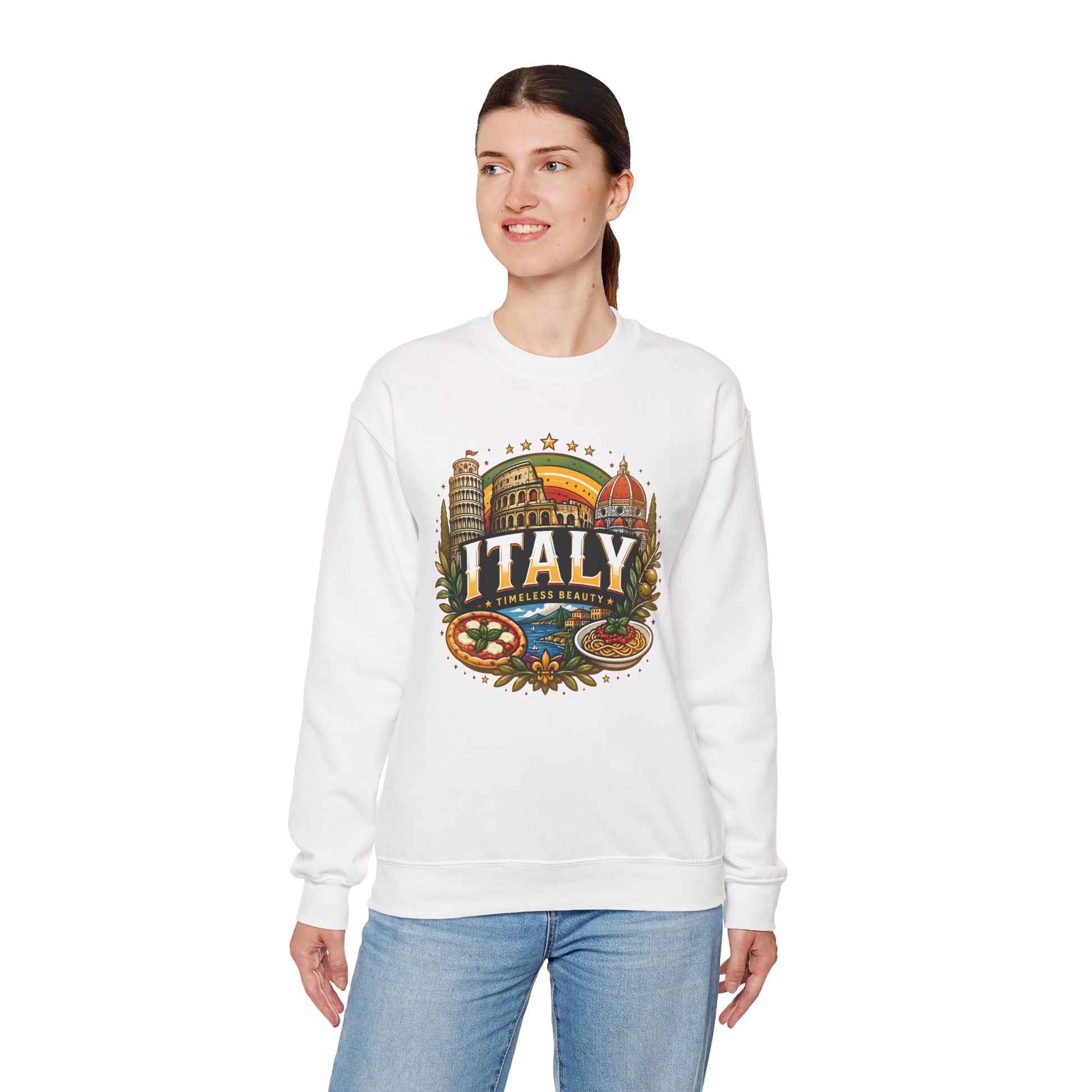 White crewneck sweatshirt with colorful Italy graphic on front