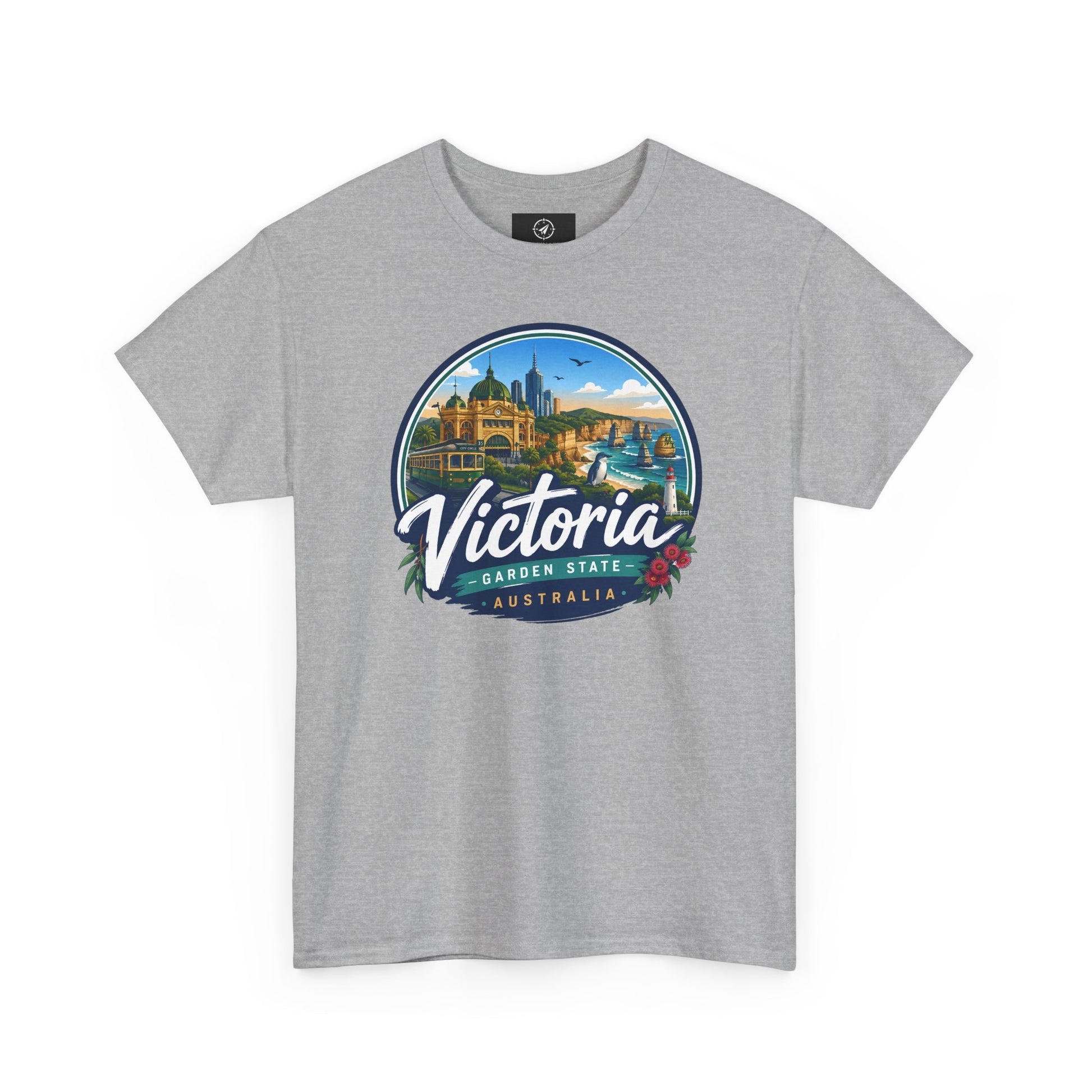 Heather gray travel tee with Victoria graphic logo on the chest
