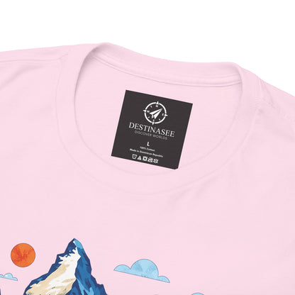 Light pink T-shirt neckline with brand label and partial mountain village print