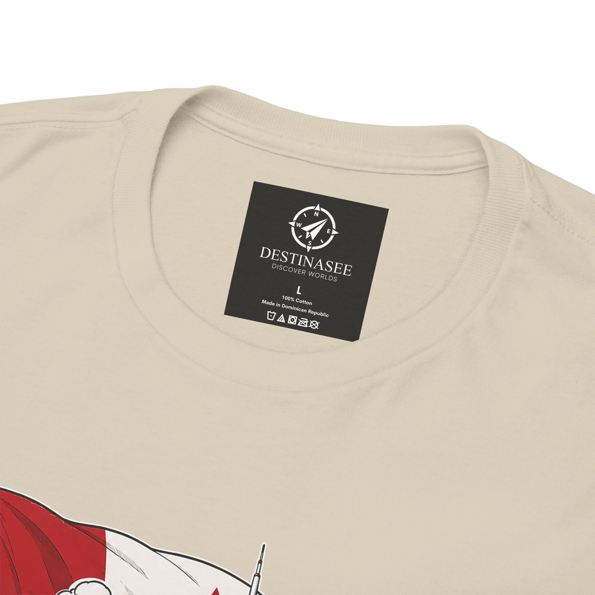 Natural beige T-shirt back with black logo patch; partial red canoe graphic