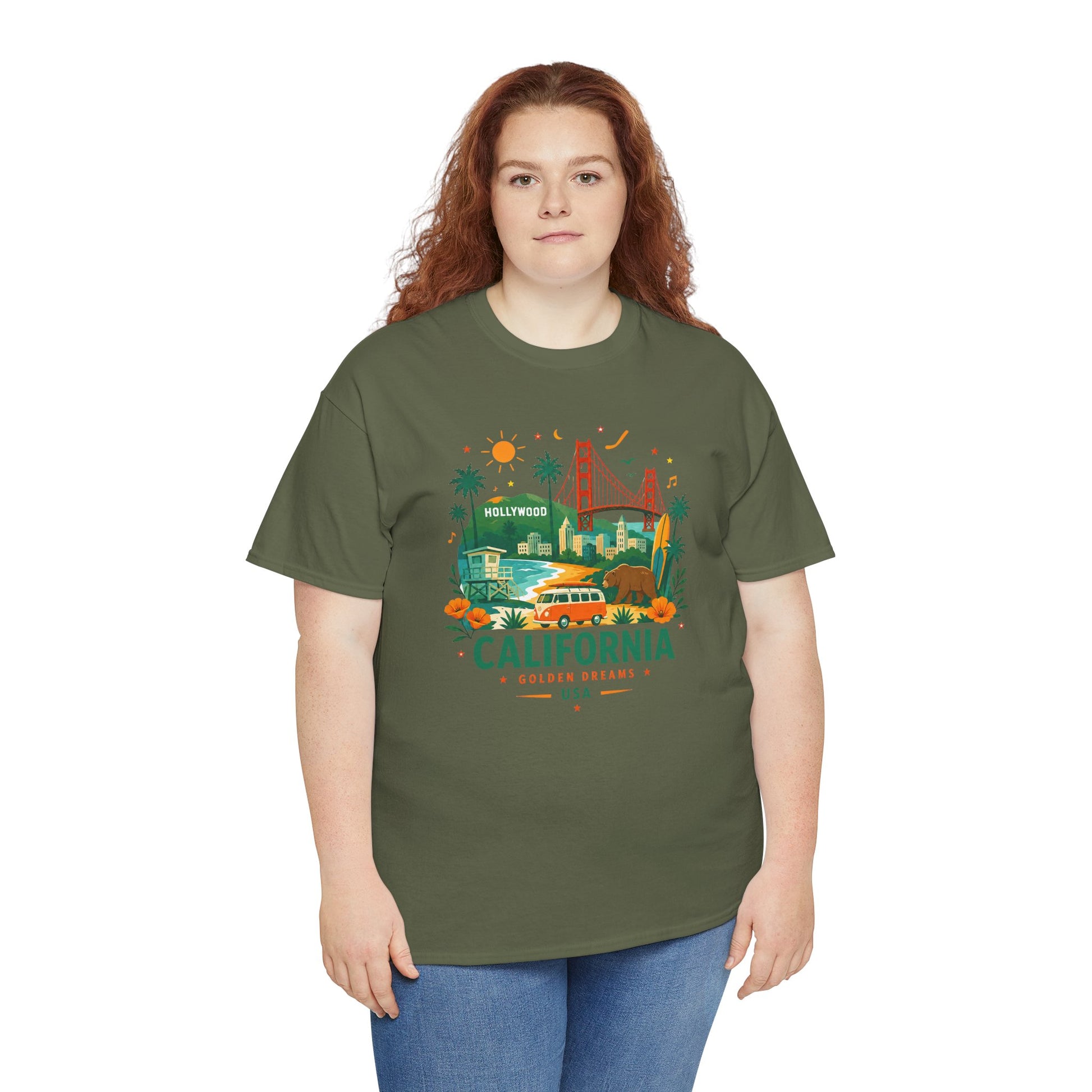 Olive green T-shirt with colorful California city graphic on the front.