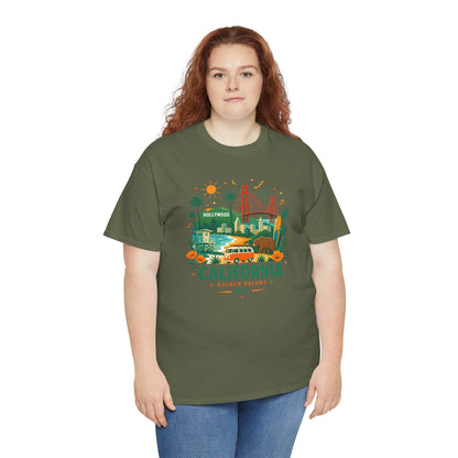 Olive green T-shirt with colorful California city graphic on the front.