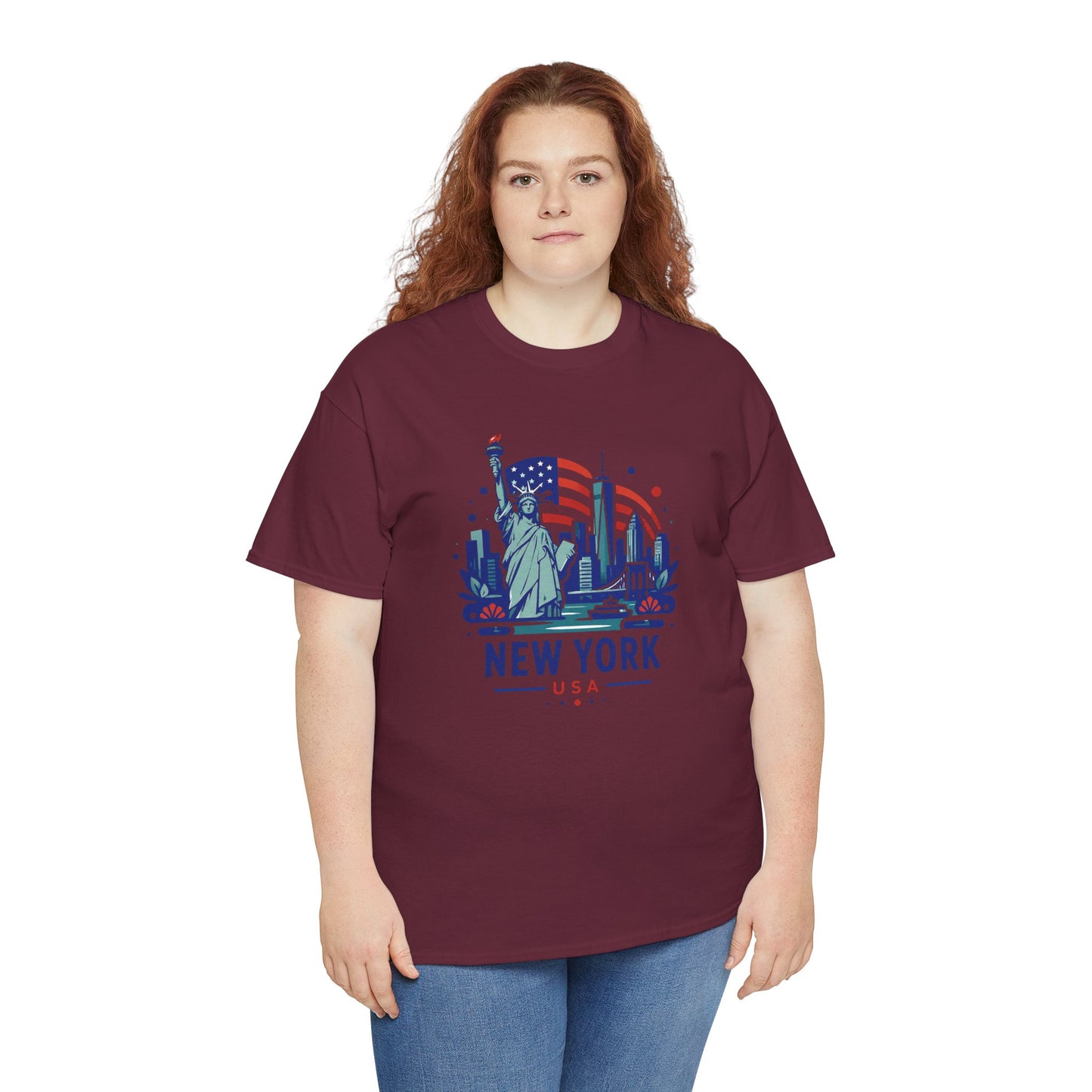 Maroon crewneck T-shirt with Statue of Liberty New York USA front graphic