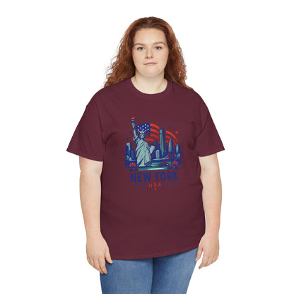 Maroon crewneck T-shirt with Statue of Liberty New York USA front graphic