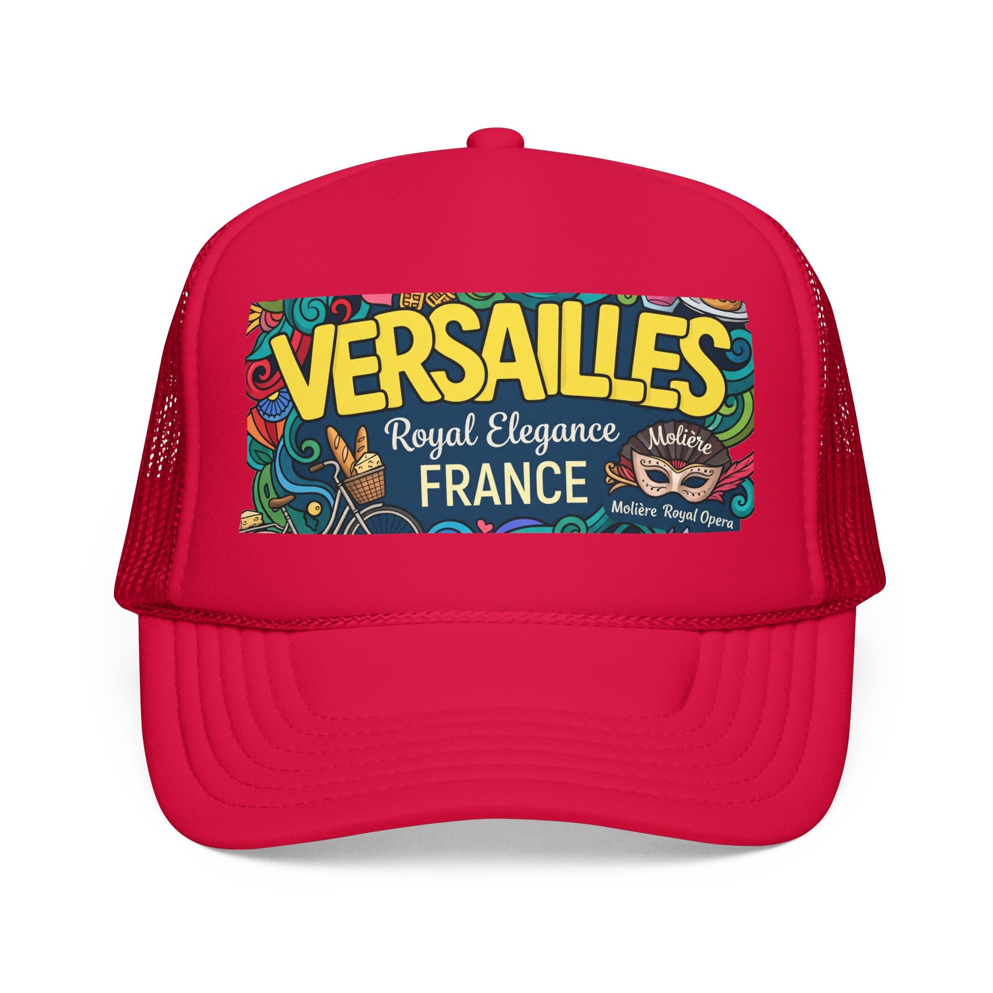 Red trucker hat with mesh back and colorful “Versailles France” front patch
