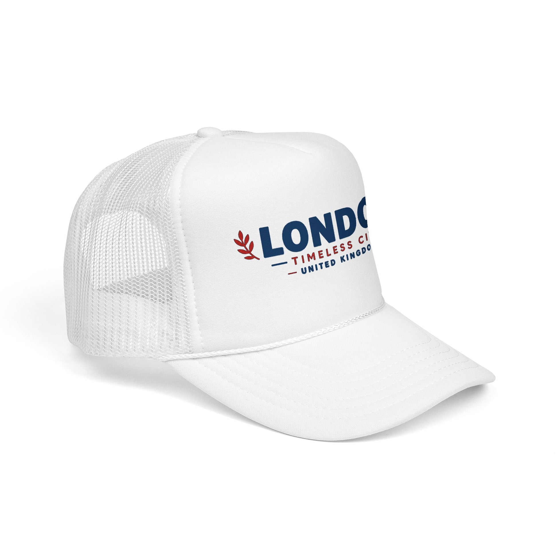 London Timbers trucker hat with white front and white mesh panels, featuring LONDON logo.