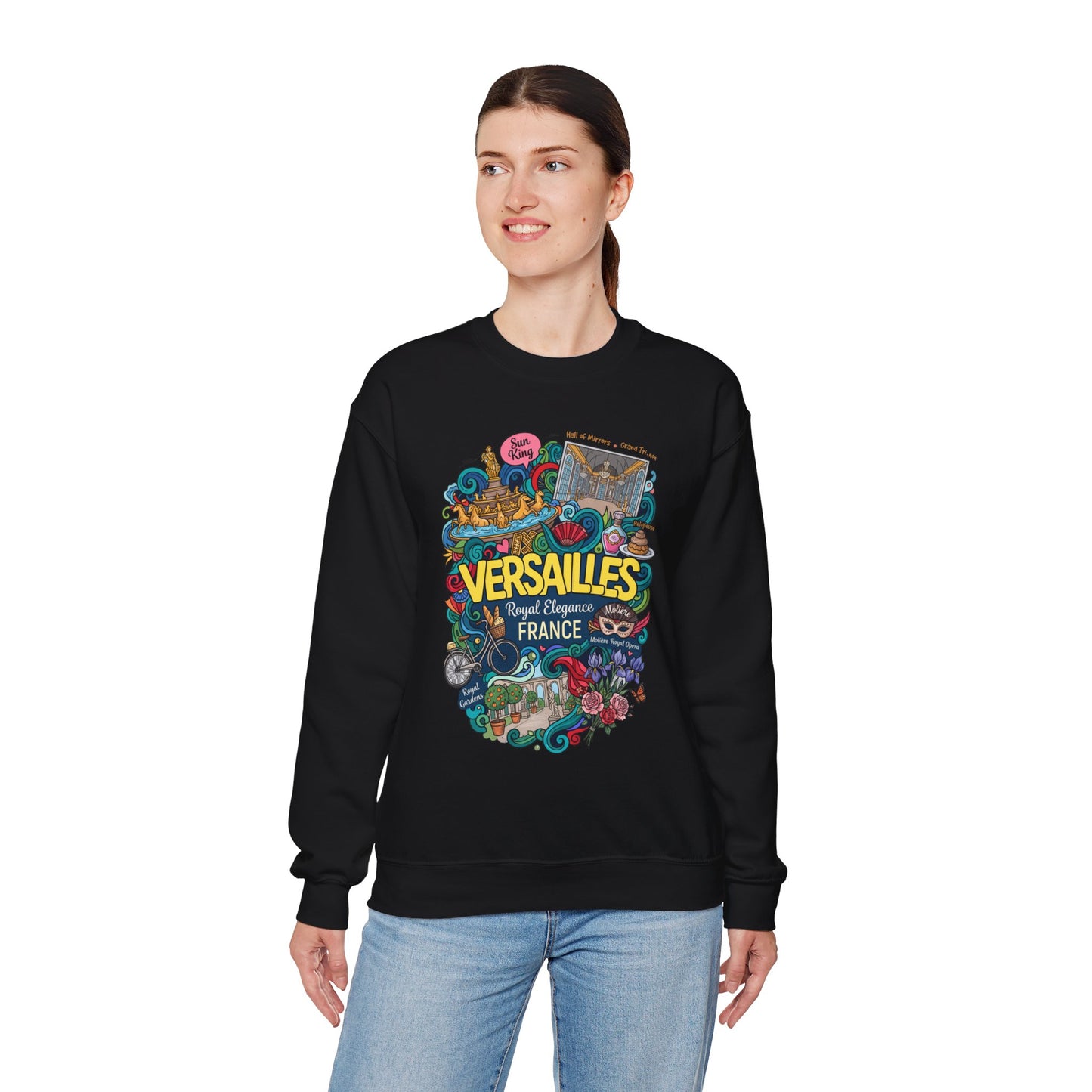 Black crewneck sweatshirt with colorful Versailles illustrated graphic on the front