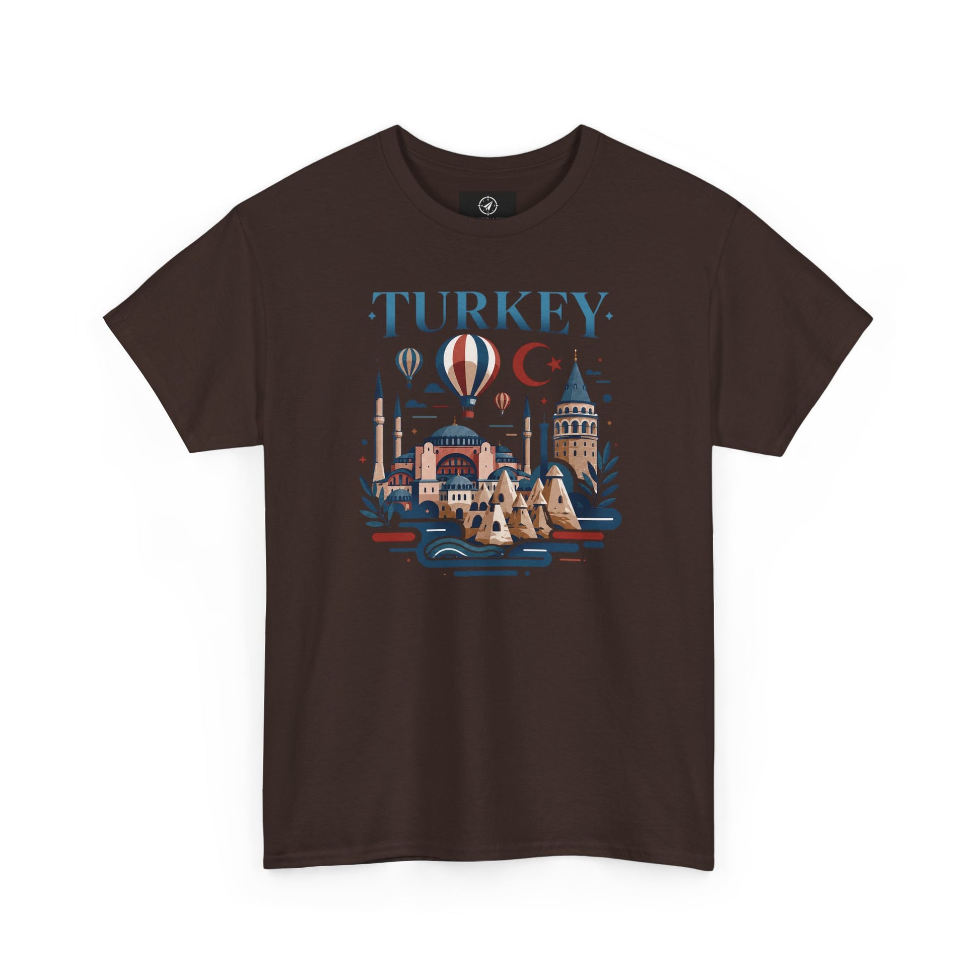 Dark chocolate T-shirt with Turkey skyline and hot air balloon graphic