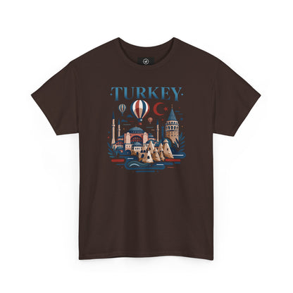 Dark chocolate T-shirt with Turkey skyline and hot air balloon graphic