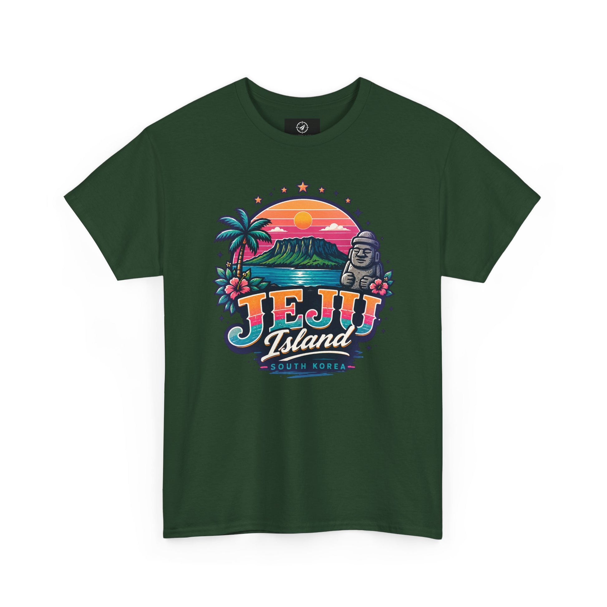 Forest green Jeju Island graphic T-shirt with colorful sunset, palm trees, and logo